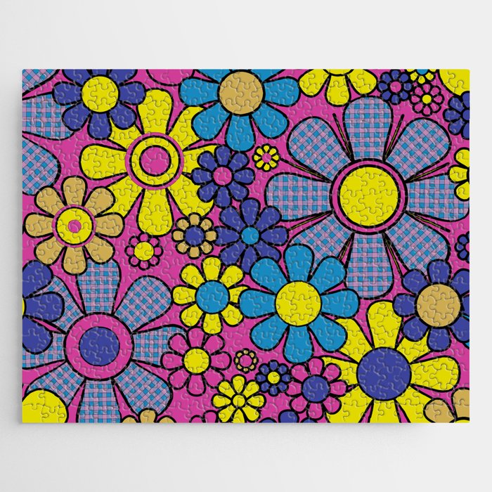 Retro Garden Gingham Flowers Bold 60s 70s Floral Pattern in Blue, Yellow, and Magenta Jigsaw Puzzle Gallery Image 1