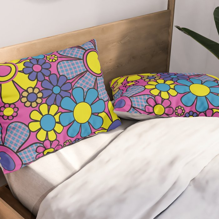 Retro Garden Gingham Flowers Bold 60s 70s Floral Pattern in Blue, Yellow, and Magenta Pillow Sham Gallery Image 2