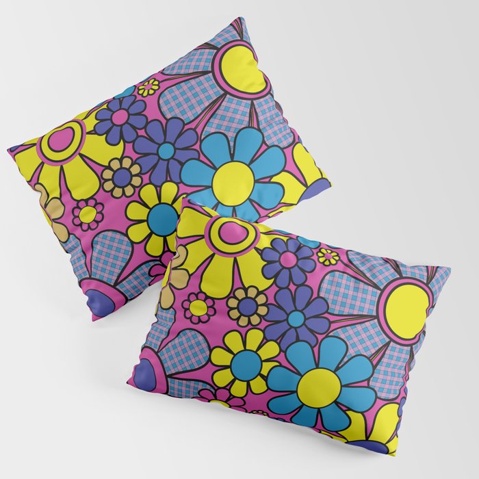 Retro Garden Gingham Flowers Bold 60s 70s Floral Pattern in Blue, Yellow, and Magenta Pillow Sham Gallery Image 1