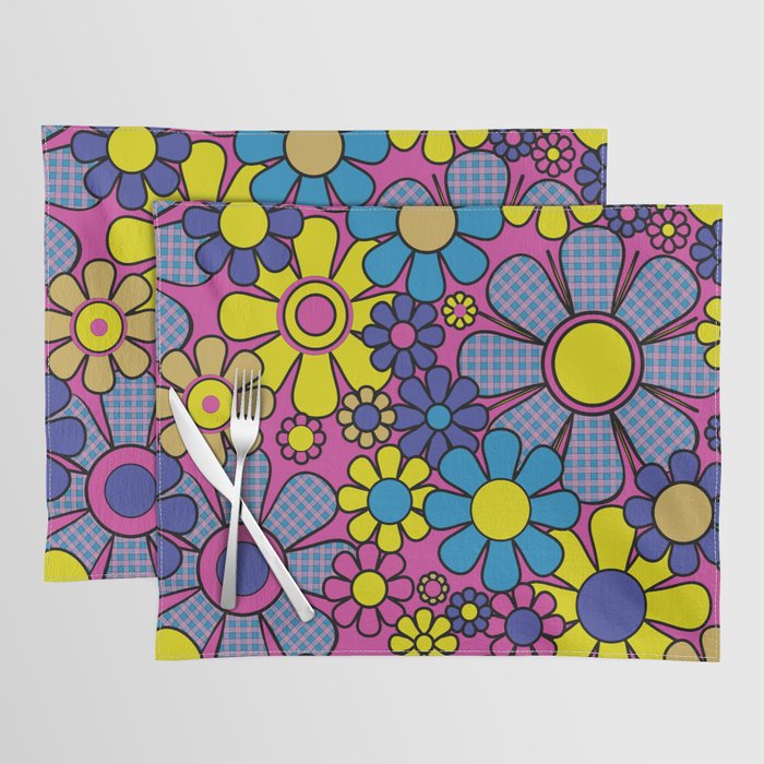 Retro Garden Gingham Flowers Bold 60s 70s Floral Pattern in Blue, Yellow, and Magenta Placemat Gallery Image 1