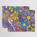 Retro Garden Gingham Flowers Bold 60s 70s Floral Pattern in Blue, Yellow, and Magenta Placemat Gallery Image 1