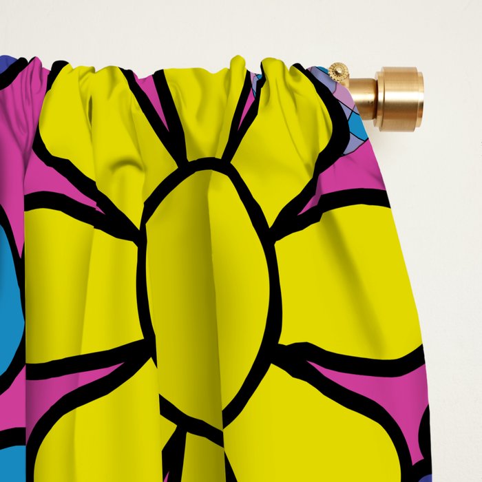 Retro Garden Gingham Flowers Bold 60s 70s Floral Pattern in Blue, Yellow, and Magenta Window Curtain Gallery Image 2