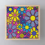Retro Garden Gingham Flowers Bold 60s 70s Floral Pattern in Blue, Yellow, and Magenta Mini Art Print Gallery Image 1