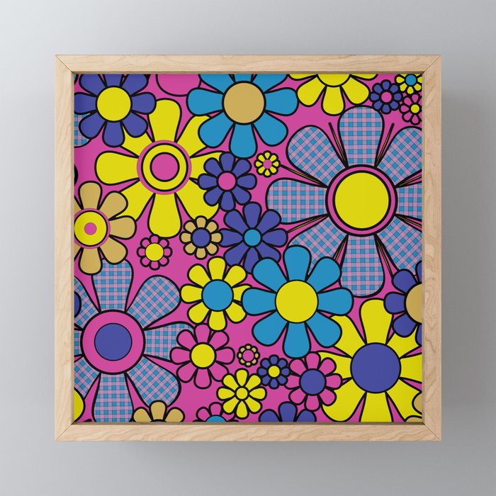 Retro Garden Gingham Flowers Bold 60s 70s Floral Pattern in Blue, Yellow, and Magenta Mini Art Print Gallery Image 1