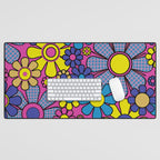 Retro Garden Gingham Flowers Bold 60s 70s Floral Pattern in Blue, Yellow, and Magenta Desk Mat Gallery Image 1