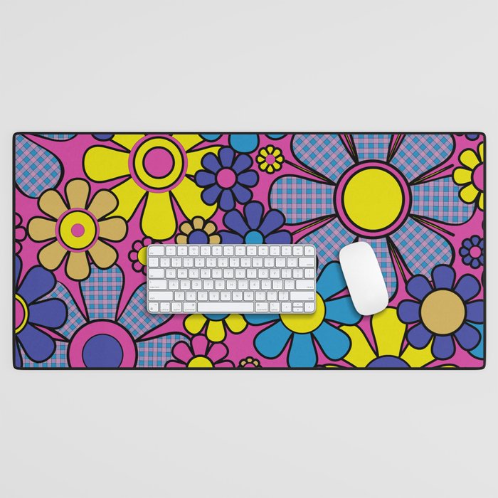 Retro Garden Gingham Flowers Bold 60s 70s Floral Pattern in Blue, Yellow, and Magenta Desk Mat Gallery Image 1