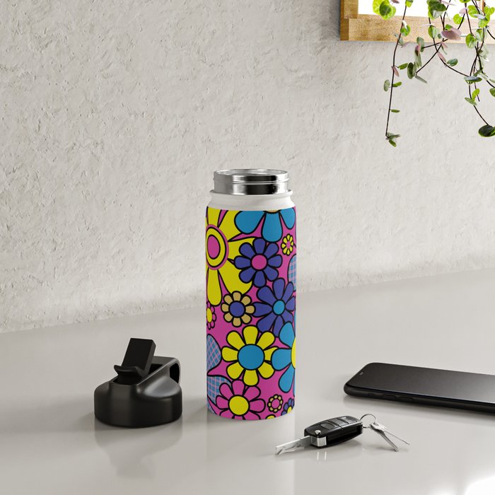Retro Garden Gingham Flowers Bold 60s 70s Floral Pattern in Blue, Yellow, and Magenta Water Bottle Gallery Image 4