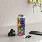 Retro Garden Gingham Flowers Bold 60s 70s Floral Pattern in Blue, Yellow, and Magenta Water Bottle Gallery Image 4