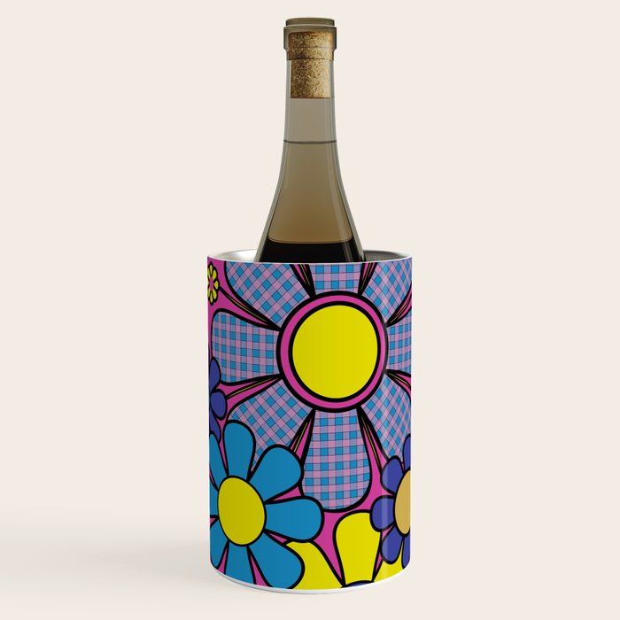 Retro Garden Gingham Flowers Bold 60s 70s Floral Pattern in Blue, Yellow, and Magenta Wine Chiller Gallery Image 3