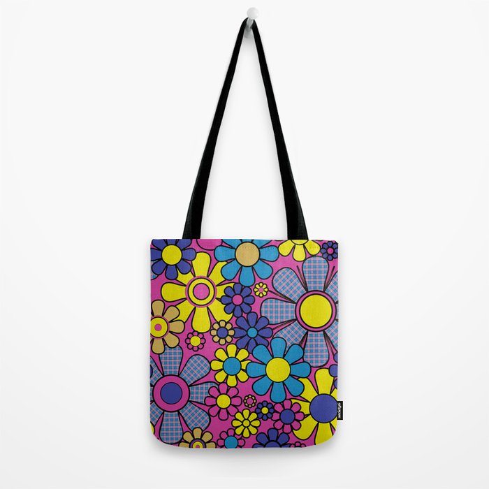Retro Garden Gingham Flowers Bold 60s 70s Floral Pattern in Blue, Yellow, and Magenta Tote Bag Gallery Image 2