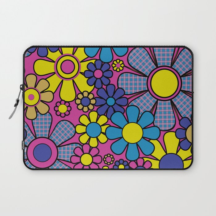 Retro Garden Gingham Flowers Bold 60s 70s Floral Pattern in Blue, Yellow, and Magenta Laptop Sleeve Gallery Image 1