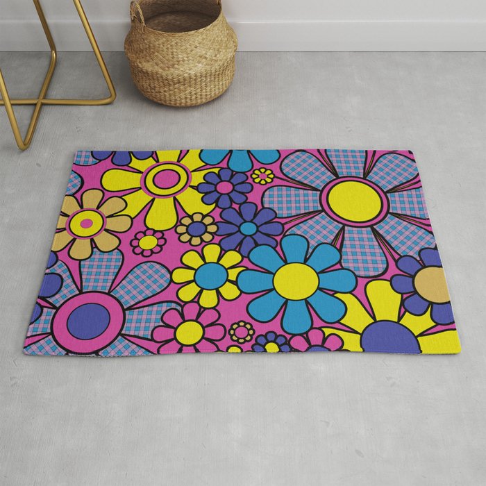 Retro Garden Gingham Flowers Bold 60s 70s Floral Pattern in Blue, Yellow, and Magenta Rug Gallery Image 1