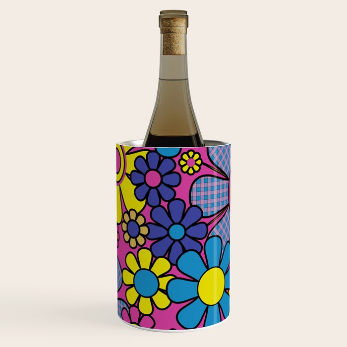 Retro Garden Gingham Flowers Bold 60s 70s Floral Pattern in Blue, Yellow, and Magenta Wine Chiller Gallery Image 1