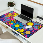 Retro Garden Gingham Flowers Bold 60s 70s Floral Pattern in Blue, Yellow, and Magenta Desk Mat Gallery Image 2