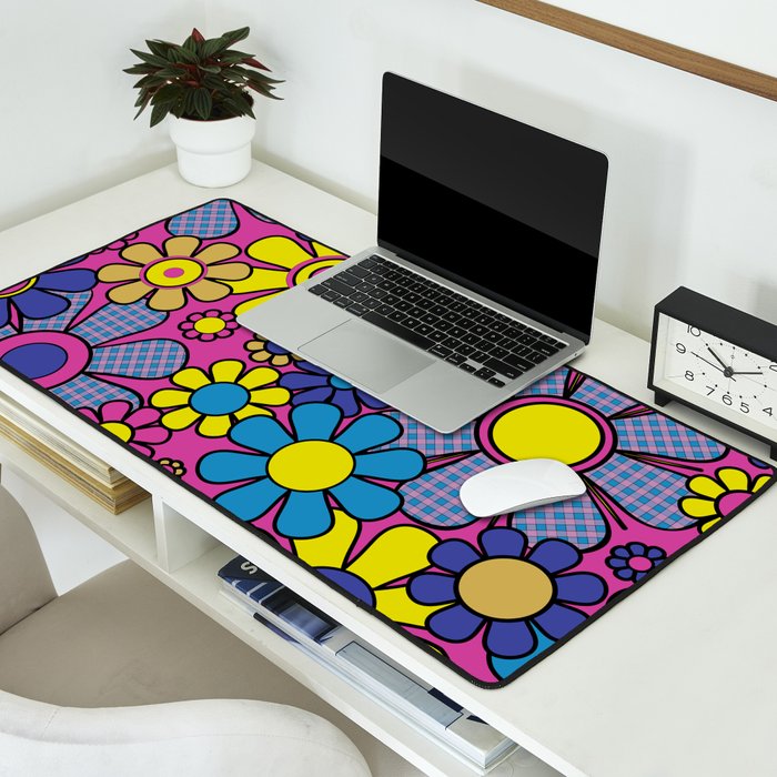 Retro Garden Gingham Flowers Bold 60s 70s Floral Pattern in Blue, Yellow, and Magenta Desk Mat Gallery Image 2