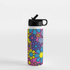 Retro Garden Gingham Flowers Bold 60s 70s Floral Pattern in Blue, Yellow, and Magenta Water Bottle Gallery Image 1
