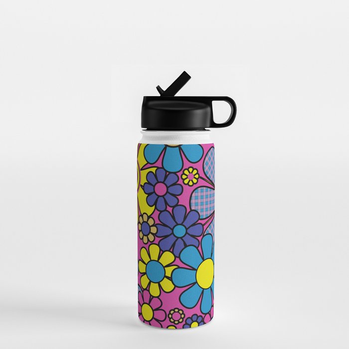 Retro Garden Gingham Flowers Bold 60s 70s Floral Pattern in Blue, Yellow, and Magenta Water Bottle Gallery Image 1