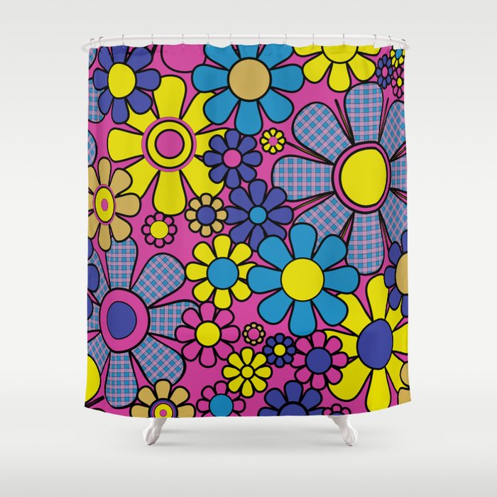 Retro Garden Gingham Flowers Bold 60s 70s Floral Pattern in Blue, Yellow, and Magenta Shower Curtain Gallery Image 1
