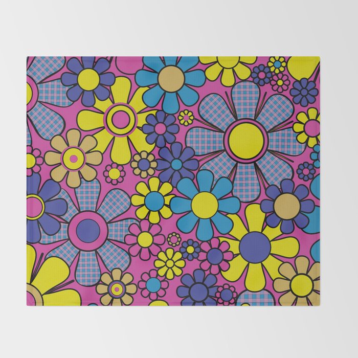 Retro Garden Gingham Flowers Bold 60s 70s Floral Pattern in Blue, Yellow, and Magenta Throw Blanket Gallery Image 2