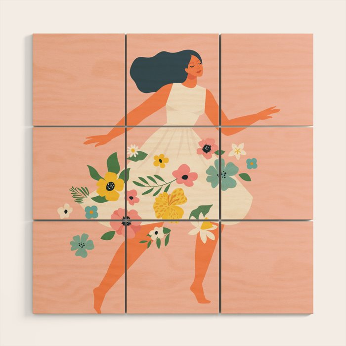 Dancing woman with flowers Wood Wall Art Gallery Image 1
