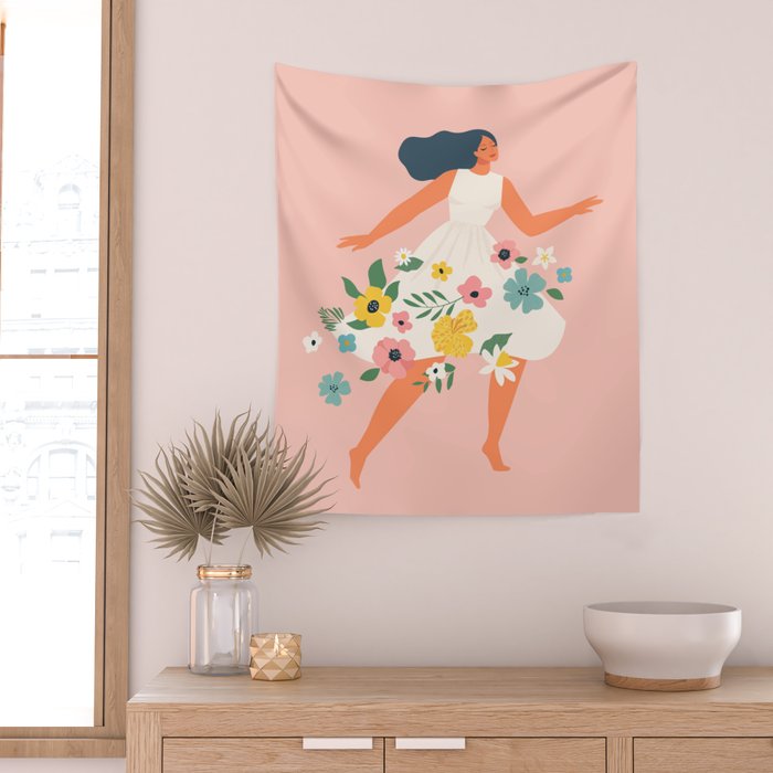 Dancing woman with flowers Wall Tapestry Gallery Image 2