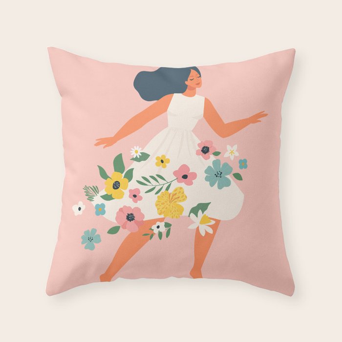 Dancing woman with flowers Throw Pillow Gallery Image 6