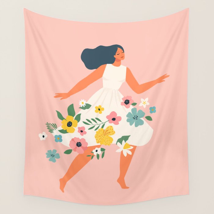 Dancing woman with flowers Wall Tapestry Gallery Image 1