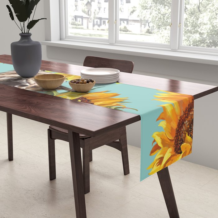 Highland Cow with Sunflowers in Blue Table Runner Gallery Image 2