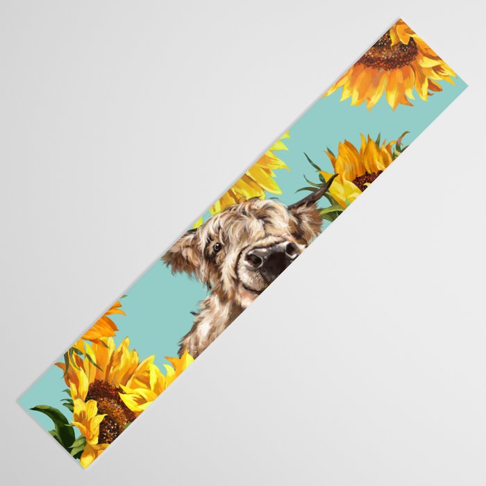 Highland Cow with Sunflowers in Blue Table Runner Gallery Image 3