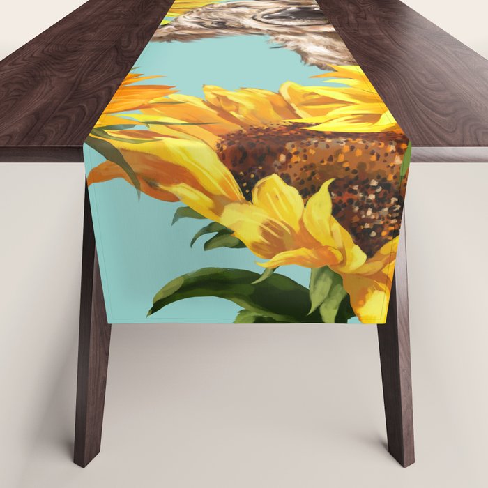 Highland Cow with Sunflowers in Blue Table Runner Gallery Image 1