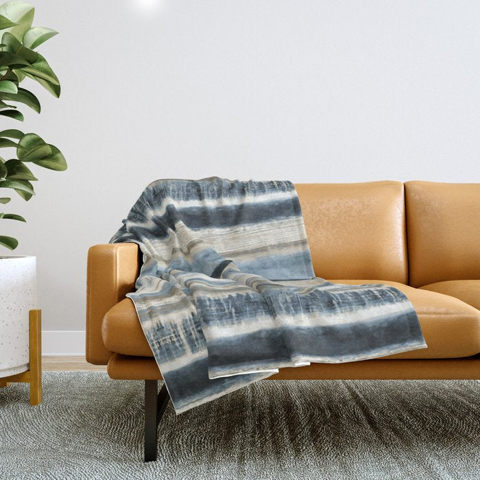 Distressed Blue and White Watercolor Stripe Throw Blanket Gallery Image 1