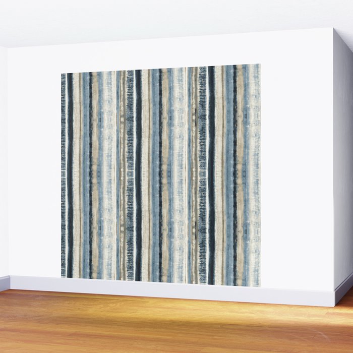 Distressed Blue and White Watercolor Stripe Wall Mural Gallery Image 2