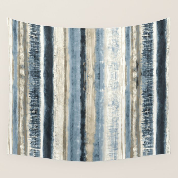 Distressed Blue and White Watercolor Stripe Wall Tapestry Gallery Image 1