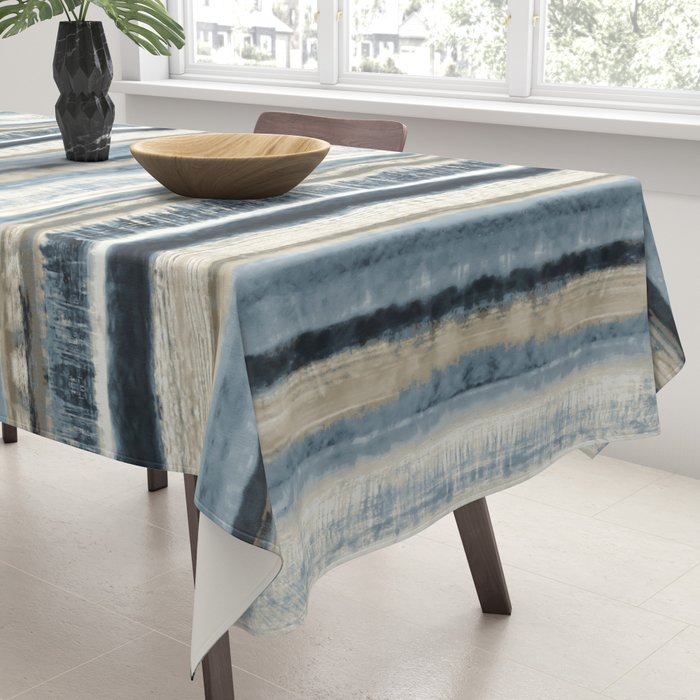 Distressed Blue and White Watercolor Stripe Tablecloth Gallery Image 3