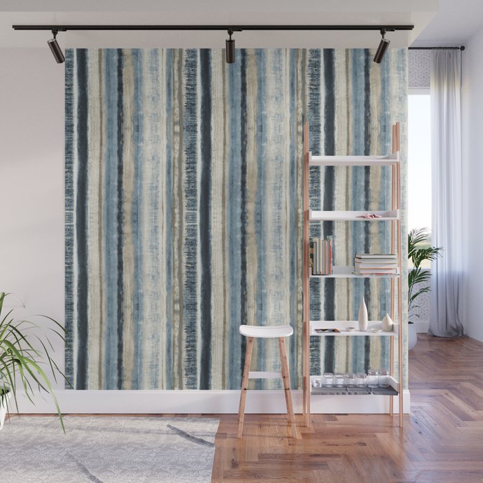 Distressed Blue and White Watercolor Stripe Wall Mural Gallery Image 1