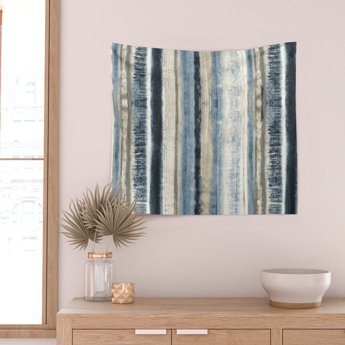 Distressed Blue and White Watercolor Stripe Wall Tapestry Gallery Image 2