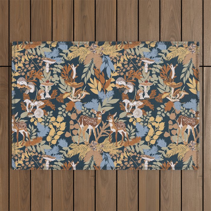 Colorful Dark Forest Animals B Outdoor Rug Gallery Image 1