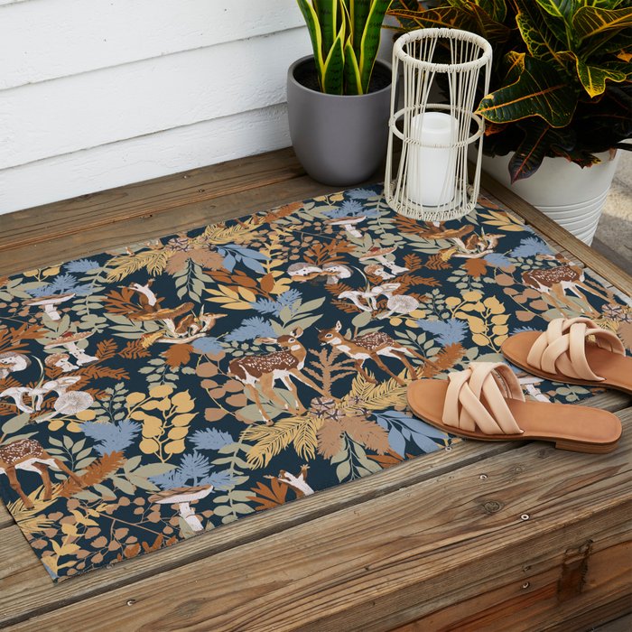 Colorful Dark Forest Animals B Outdoor Rug Gallery Image 2