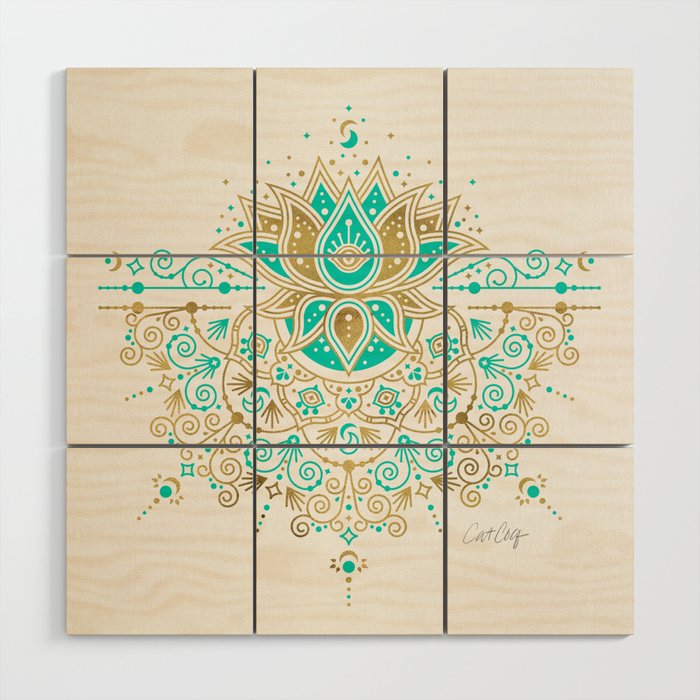 Sacred Lotus Mandala - Turquoise & Gold Palette Wood Wall Art Gallery Image 1