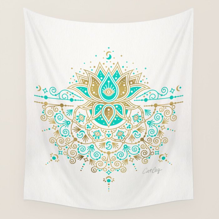 Sacred Lotus Mandala - Turquoise & Gold Palette Wall Tapestry Gallery Image 4
