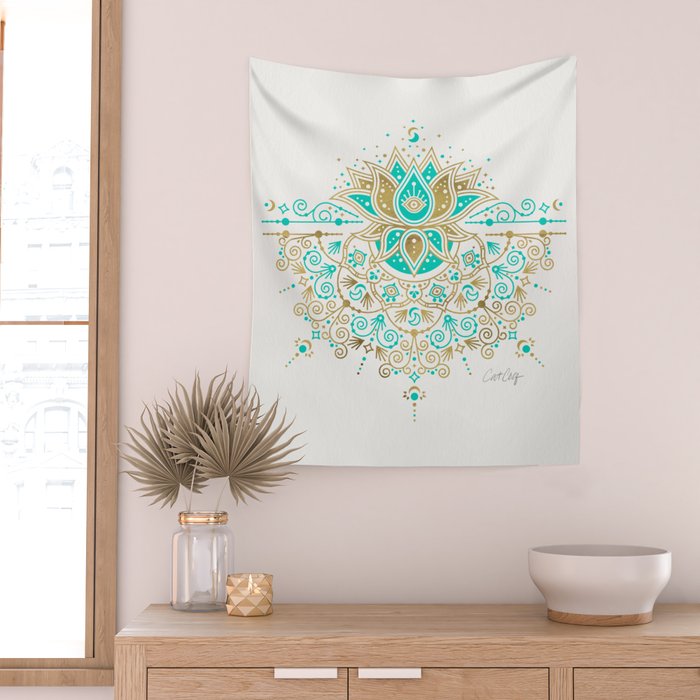 Sacred Lotus Mandala - Turquoise & Gold Palette Wall Tapestry Gallery Image 2