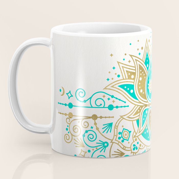 Sacred Lotus Mandala - Turquoise & Gold Palette Coffee Mug Gallery Image 3