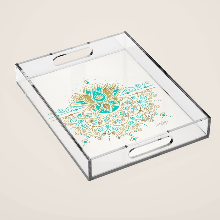 Sacred Lotus Mandala - Turquoise & Gold Palette Acrylic Tray Gallery Image 1