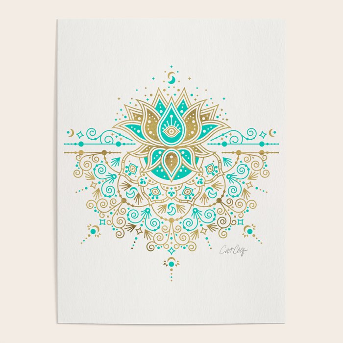 Sacred Lotus Mandala - Turquoise & Gold Palette Poster Gallery Image 1