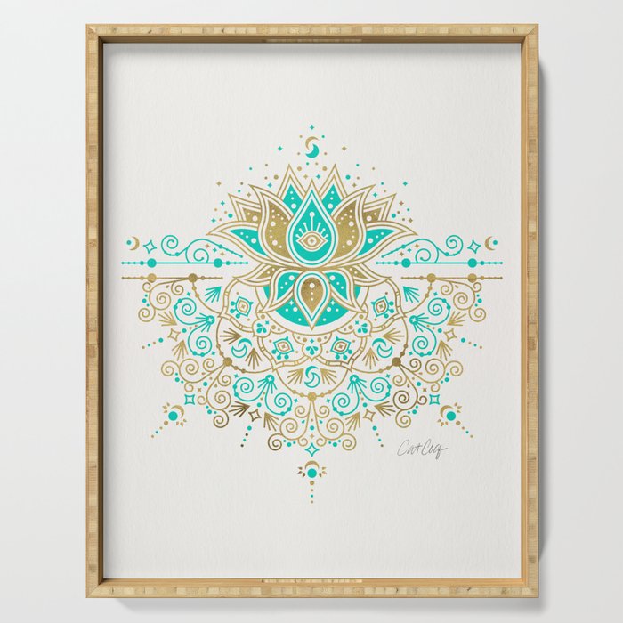 Sacred Lotus Mandala - Turquoise & Gold Palette Serving Tray Gallery Image 1