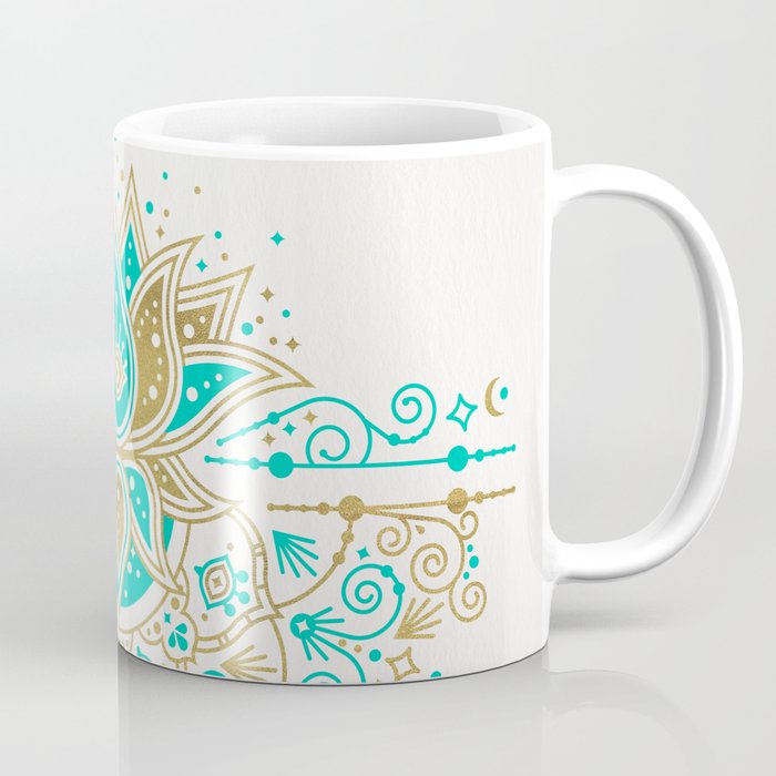 Sacred Lotus Mandala - Turquoise & Gold Palette Coffee Mug Gallery Image 1
