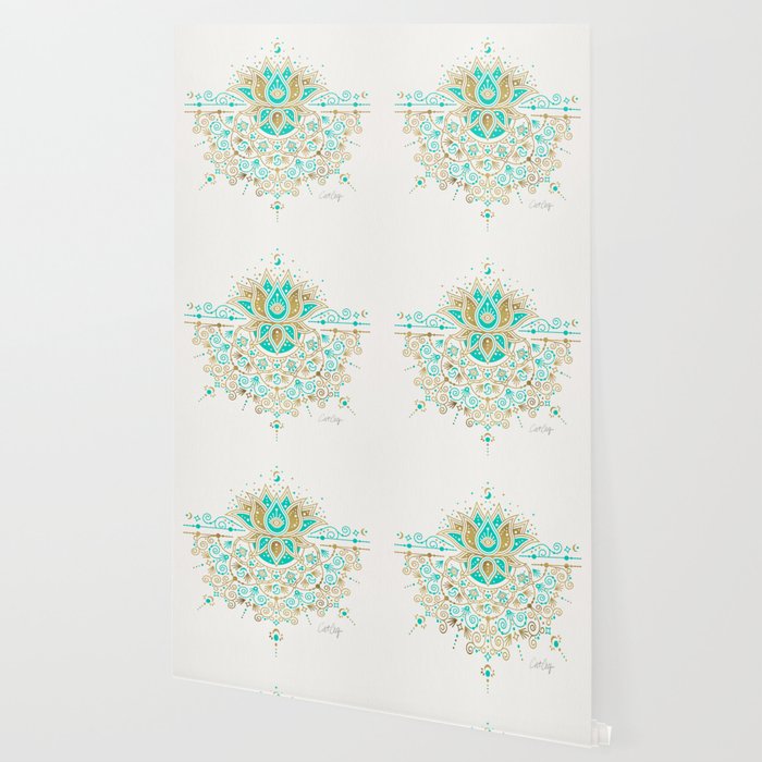 Sacred Lotus Mandala - Turquoise & Gold Palette Wallpaper Gallery Image 2