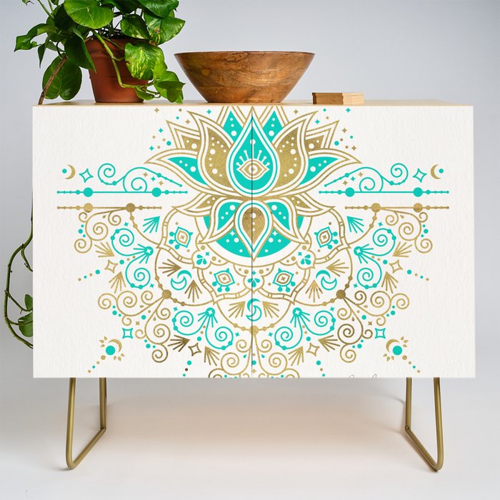 Sacred Lotus Mandala - Turquoise & Gold Palette Credenza Gallery Image 1