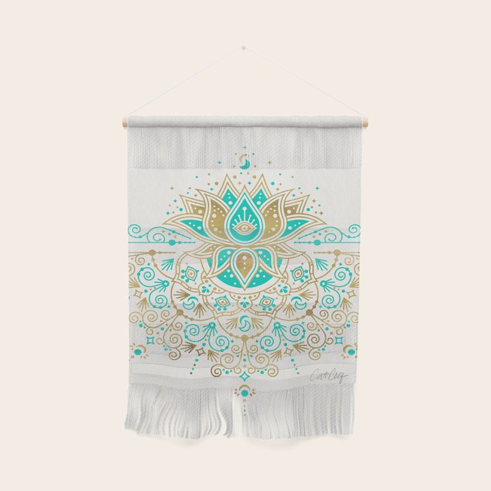 Sacred Lotus Mandala - Turquoise & Gold Palette Wall Hanging Gallery Image 1