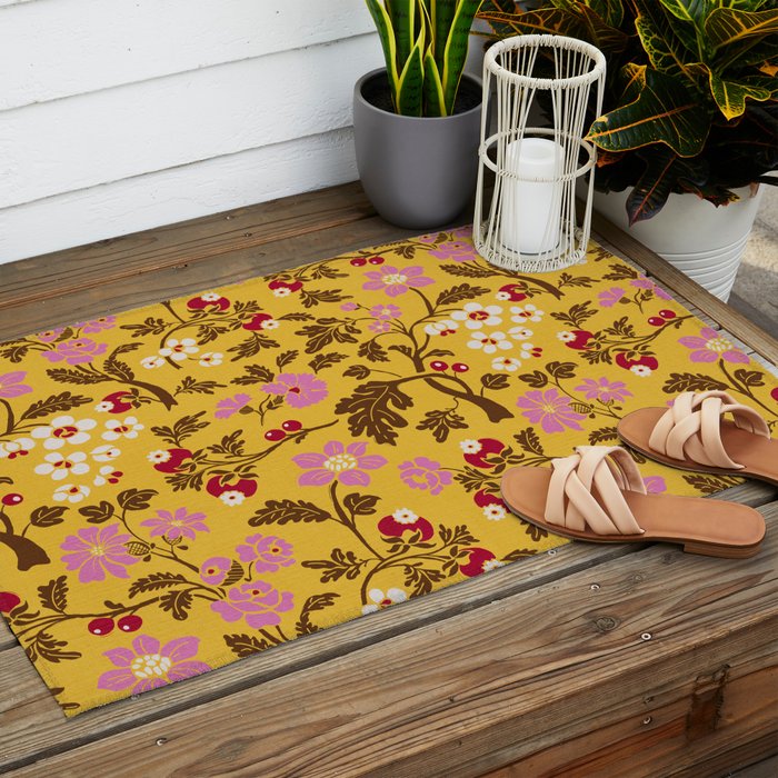 Chinoiserie Hand Drawn Florals On Yellow Outdoor Rug Gallery Image 2